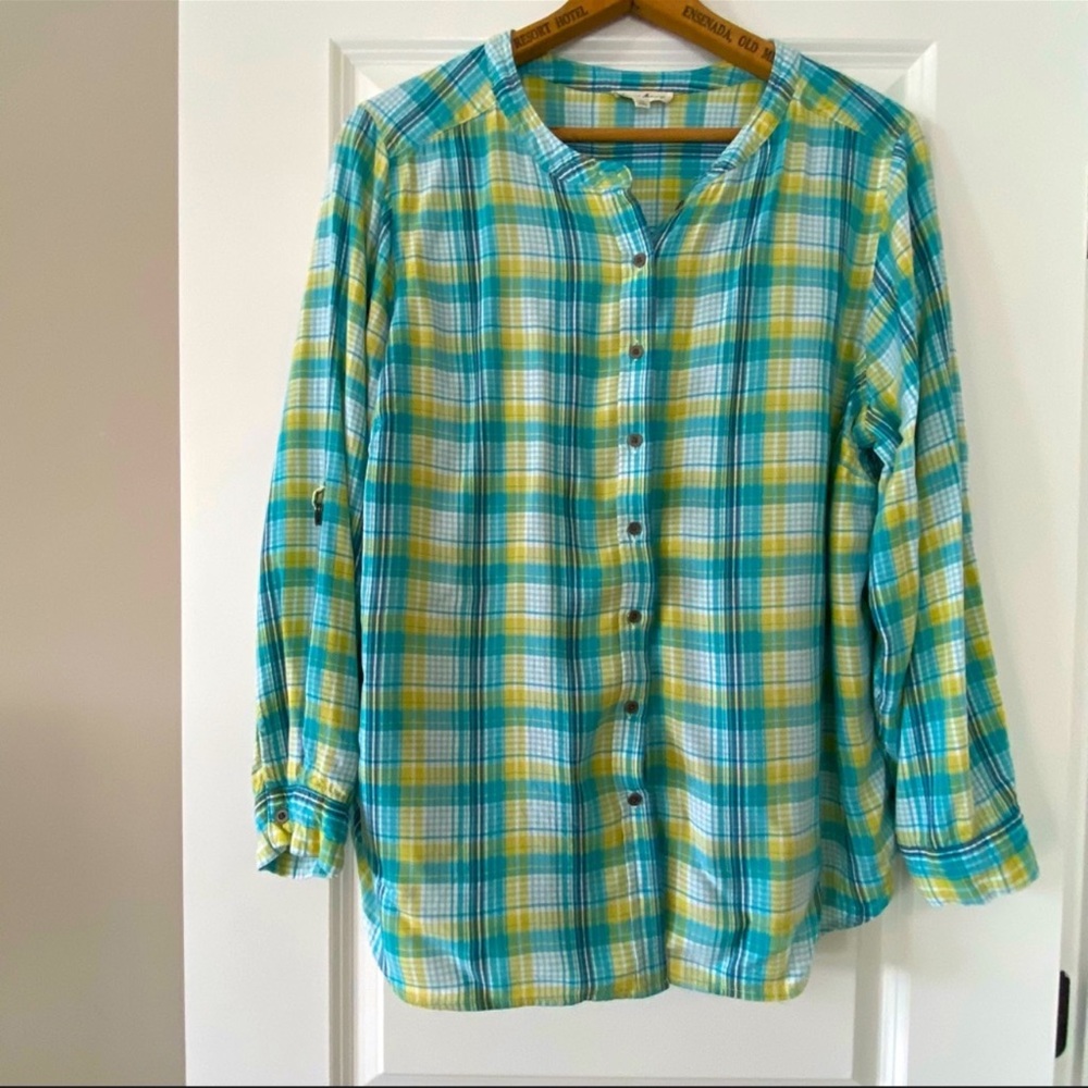 Jane and Delancey Teal, Yellow & White Plaid Button-Down Shirt